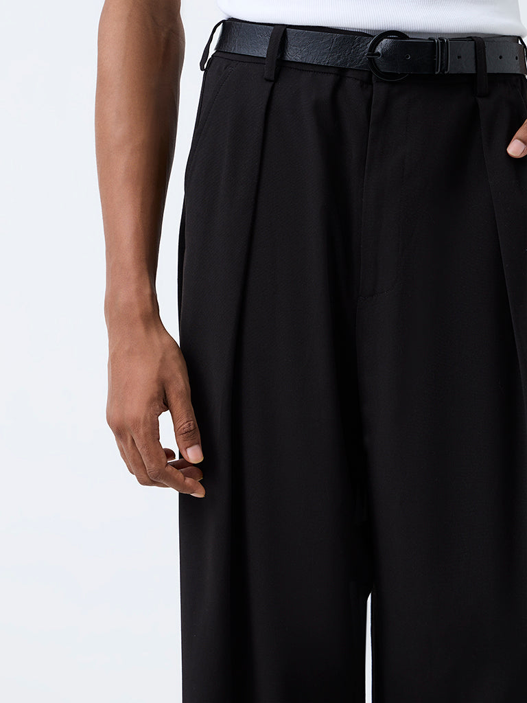 Nuon Black Pleated Loose-Fit Mid-Rise Cotton Trousers