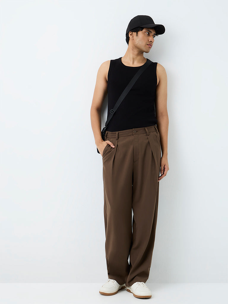 Nuon Dark Brown Loose-Fit Mid-Rise Cotton Trousers