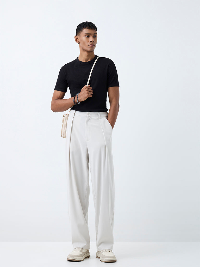Nuon Off-White Pleated Loose-Fit Mid-Rise Cotton Trousers