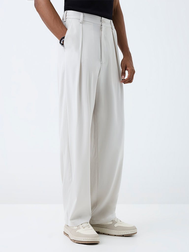 Nuon Off-White Pleated Loose-Fit Mid-Rise Cotton Trousers