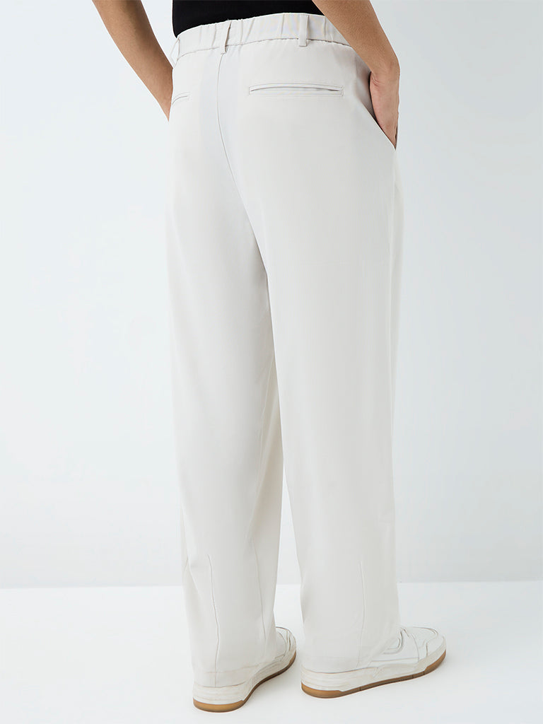 Nuon Off-White Pleated Loose-Fit Mid-Rise Cotton Trousers