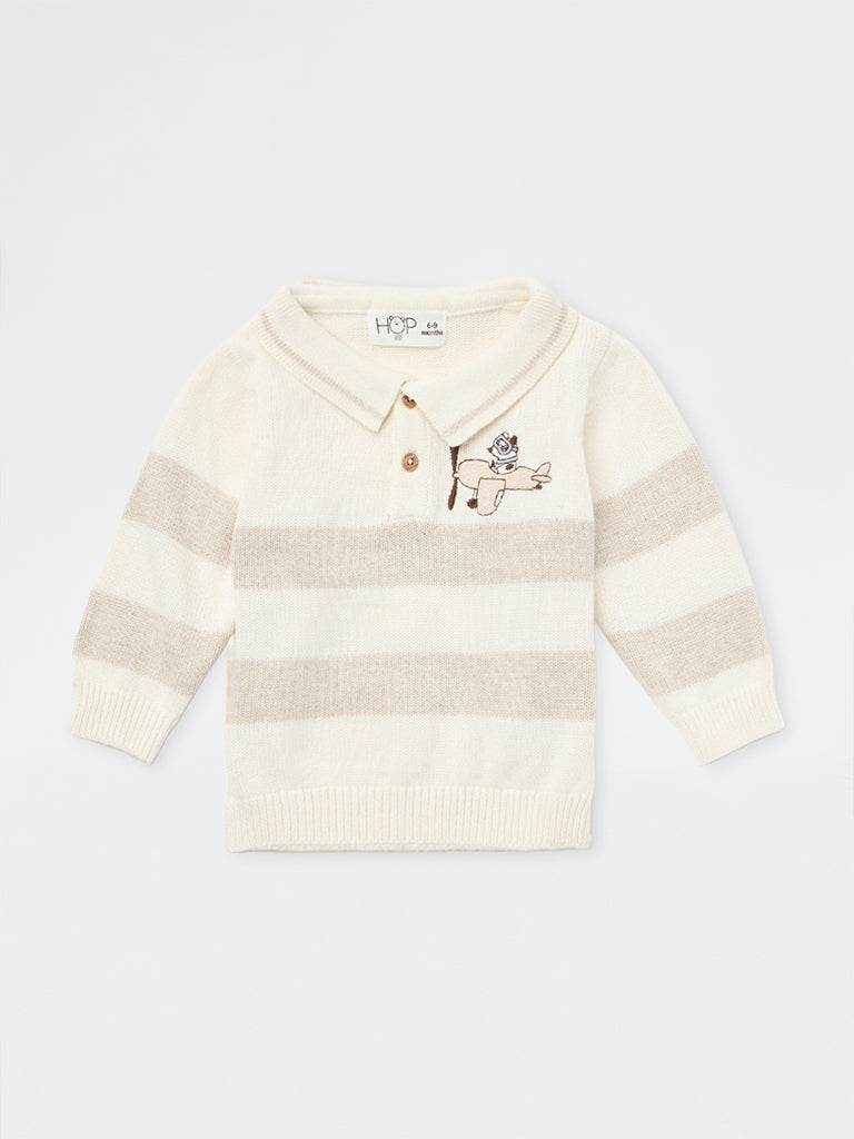 HOP Baby Boys Light Beige Striped Knitted Cotton Sweater