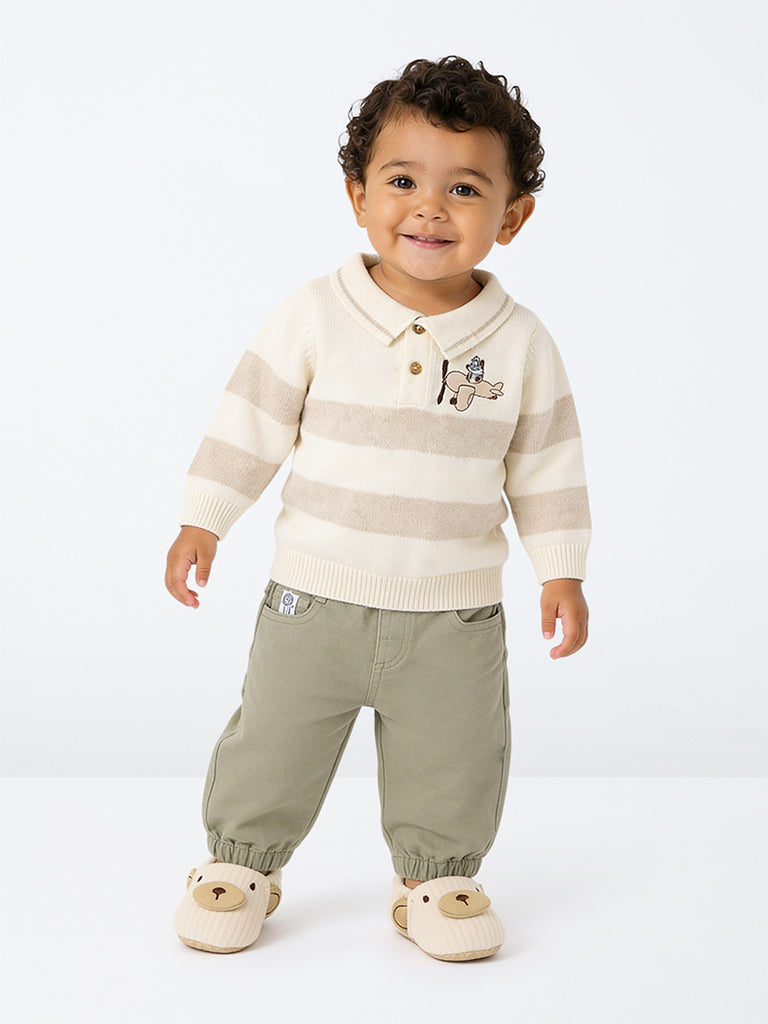 HOP Baby Boys Light Beige Striped Knitted Cotton Sweater