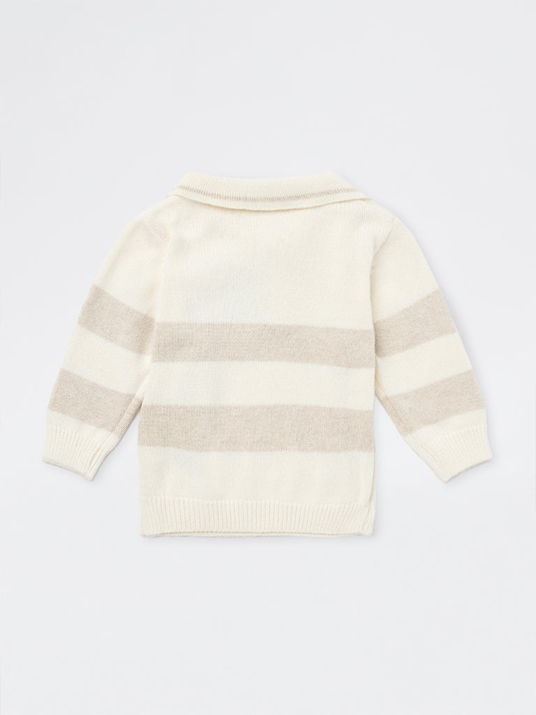 HOP Baby Boys Light Beige Striped Knitted Cotton Sweater