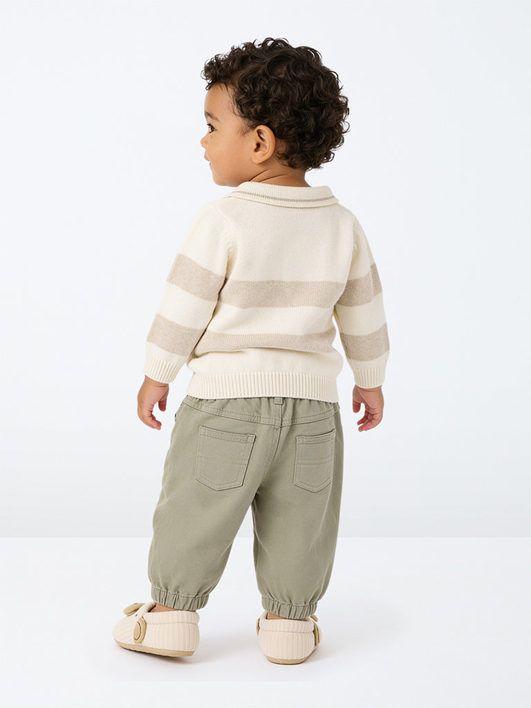 HOP Baby Boys Light Beige Striped Knitted Cotton Sweater