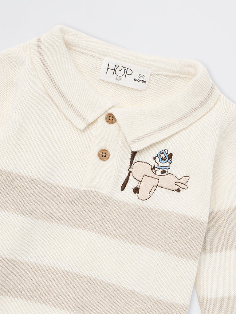 HOP Baby Boys Light Beige Striped Knitted Cotton Sweater