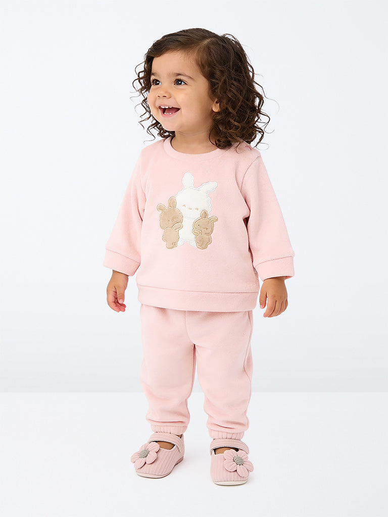 HOP Baby Girl Pink Bunny Embroidered Sweatshirt and Pants Set