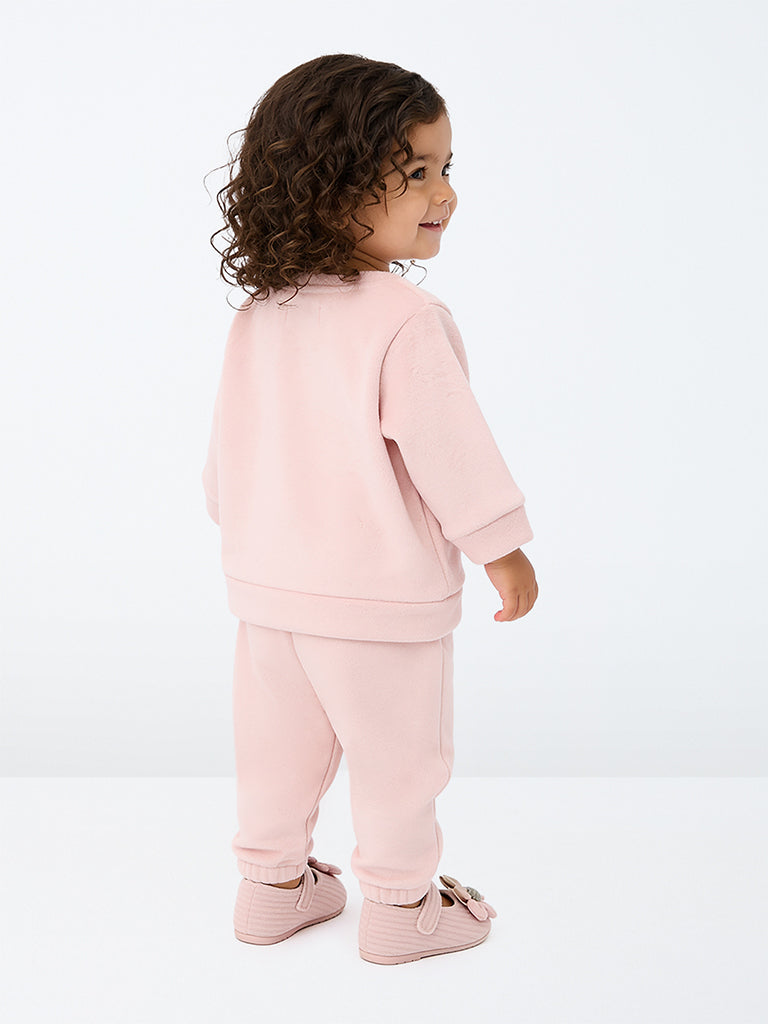 HOP Baby Girl Pink Bunny Embroidered Sweatshirt and Pants Set