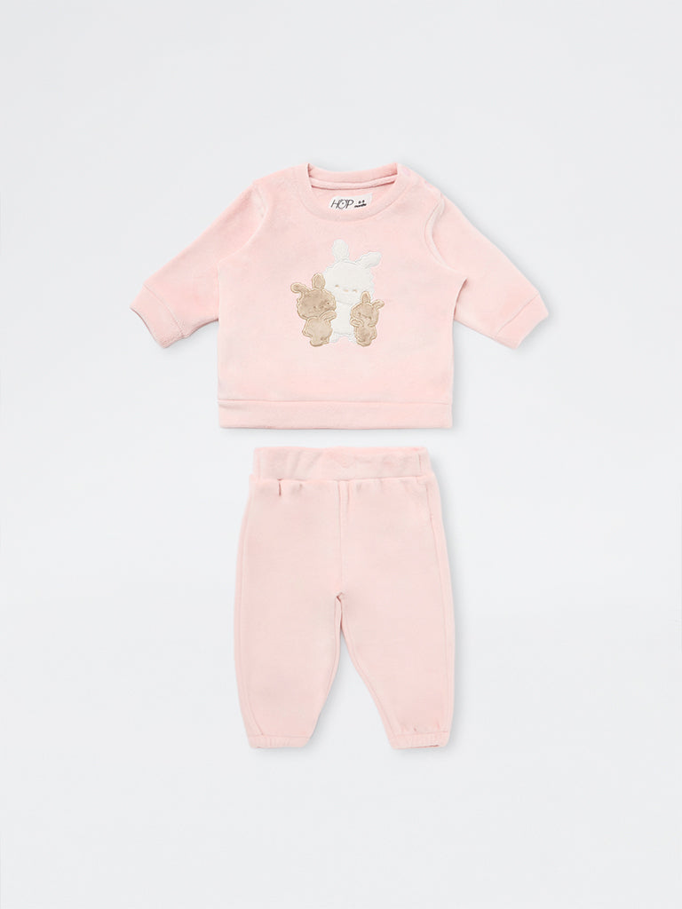 HOP Baby Girl Pink Bunny Embroidered Sweatshirt and Pants Set