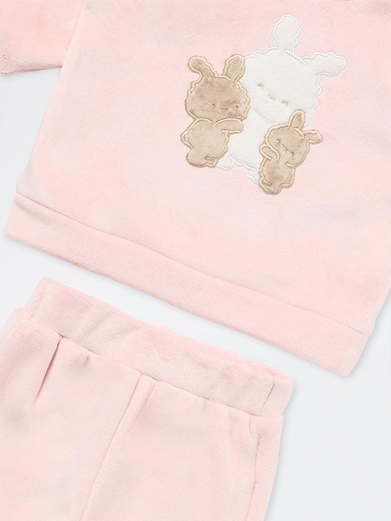 HOP Baby Girl Pink Bunny Embroidered Sweatshirt and Pants Set