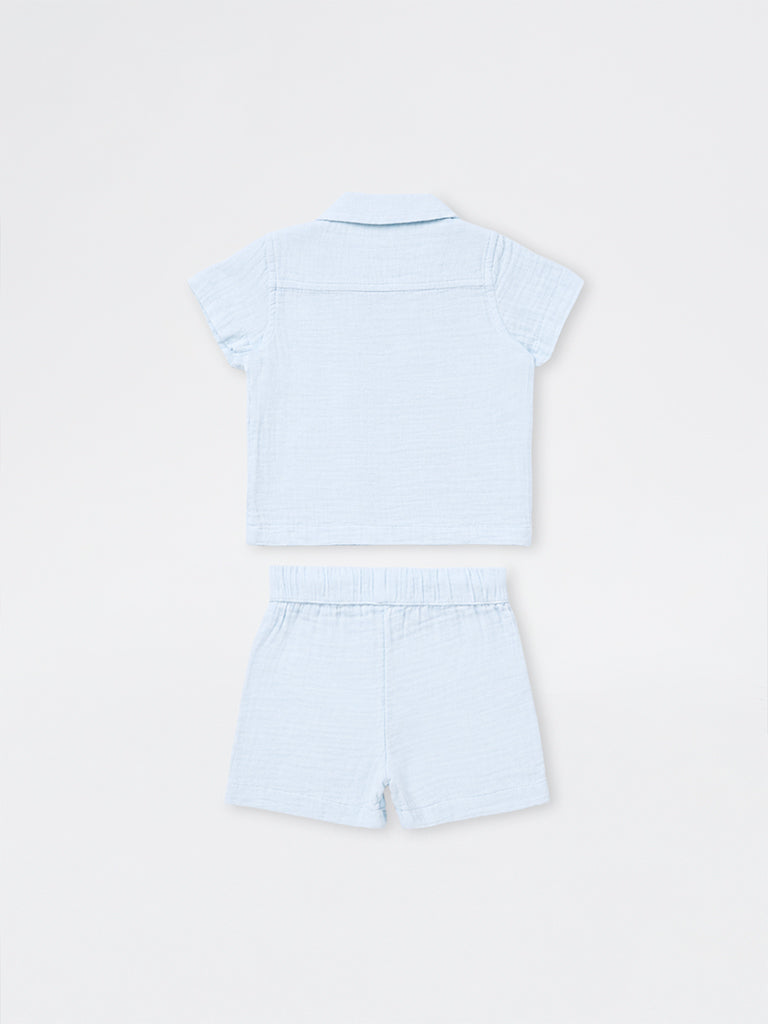HOP Baby Boys Light Blue Animal Printed Cotton Shirt and Shorts Set