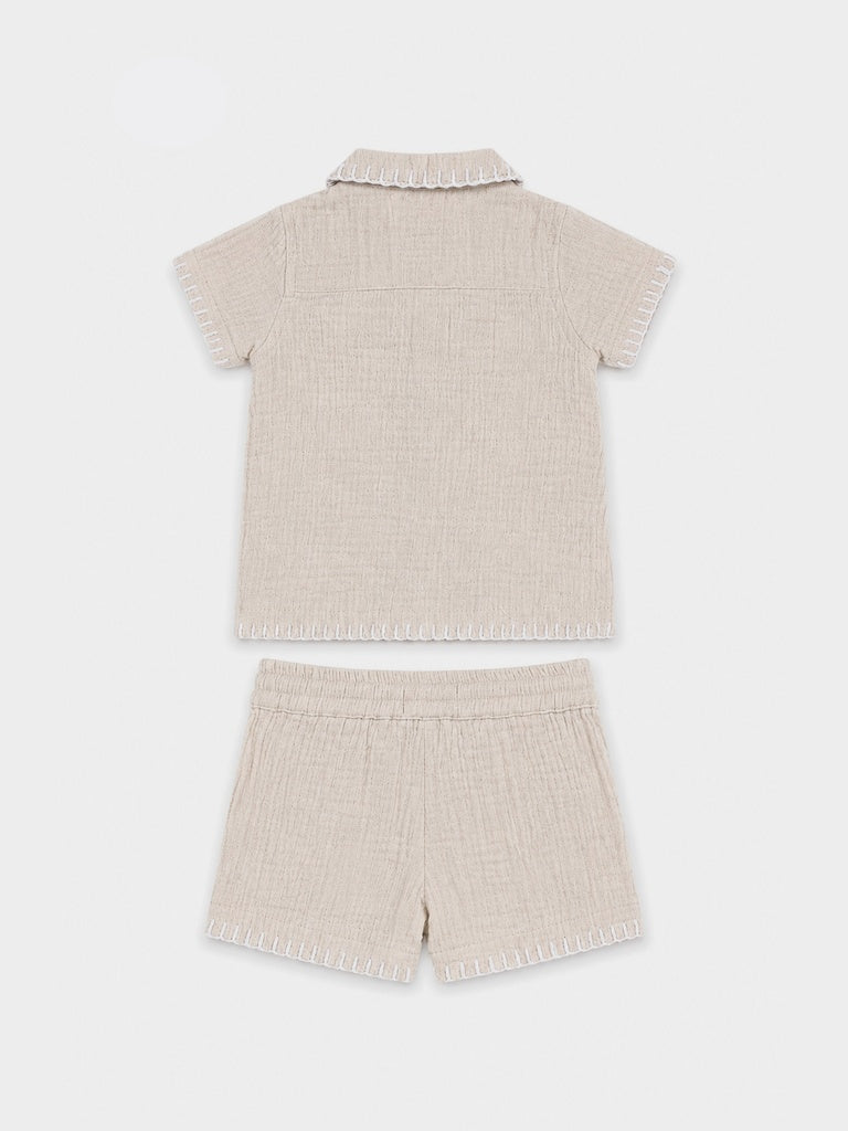 HOP Baby Boys Beige Textured Cotton Shirt and Shorts Set