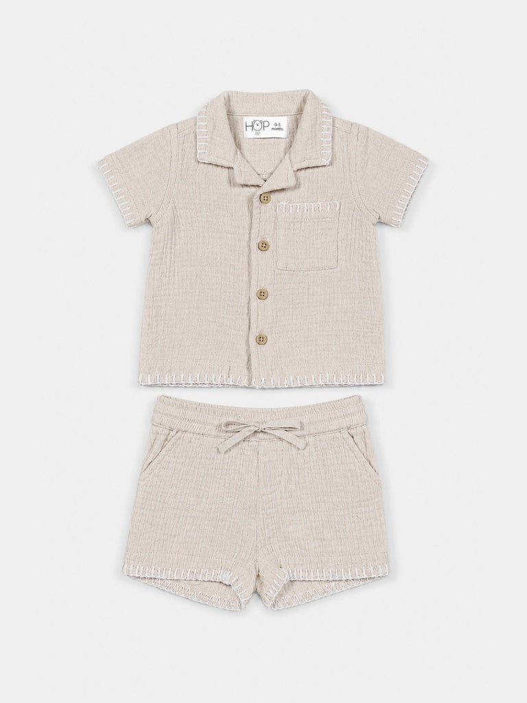 HOP Baby Boys Beige Textured Cotton Shirt and Shorts Set