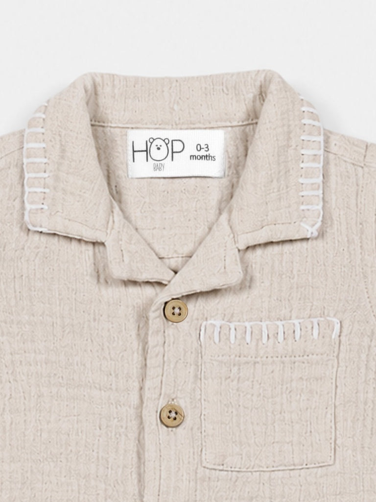 HOP Baby Boys Beige Textured Cotton Shirt and Shorts Set