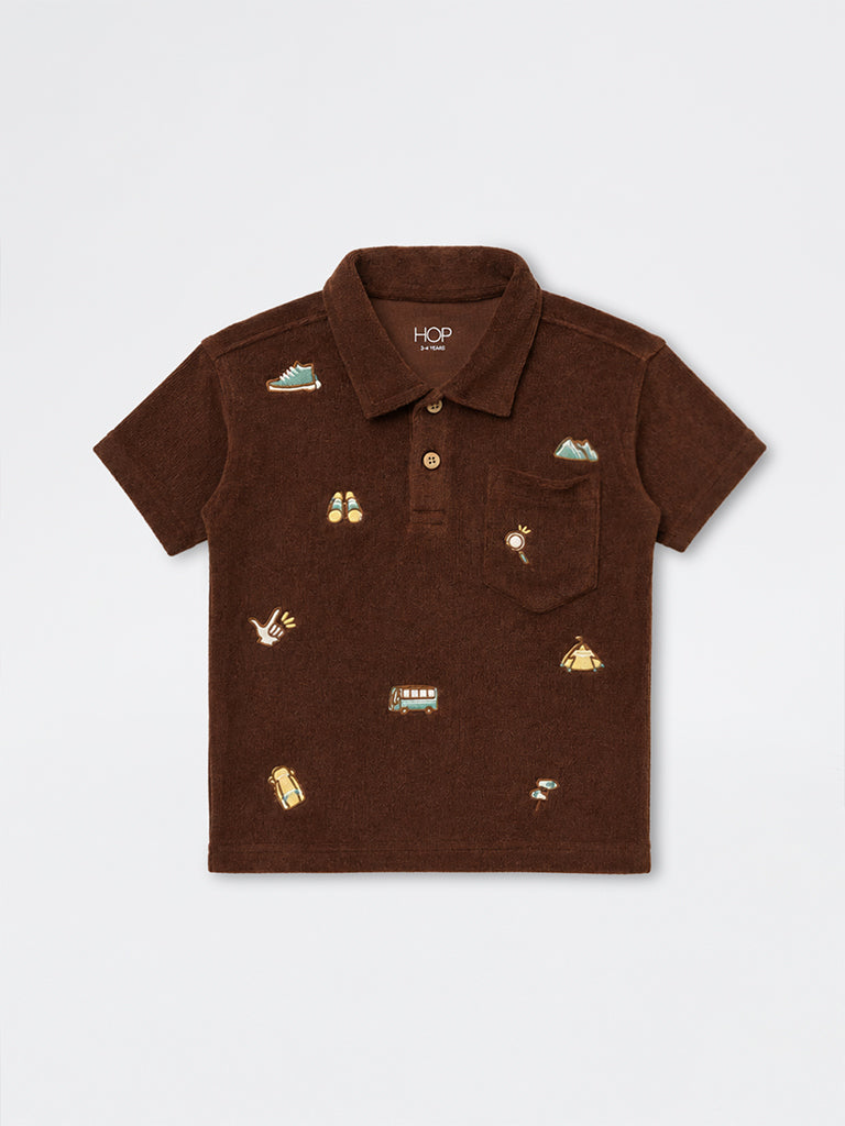HOP Kids Boys Dark Brown Textured Cotton Polo T-Shirt