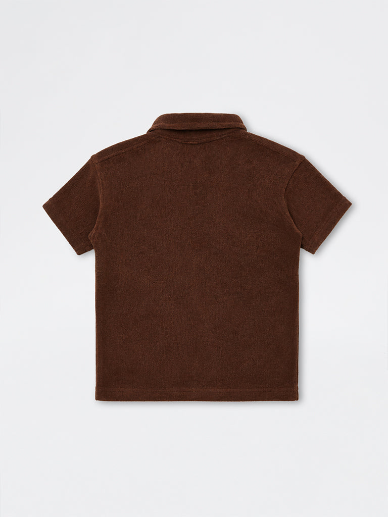 HOP Kids Boys Dark Brown Textured Cotton Polo T-Shirt