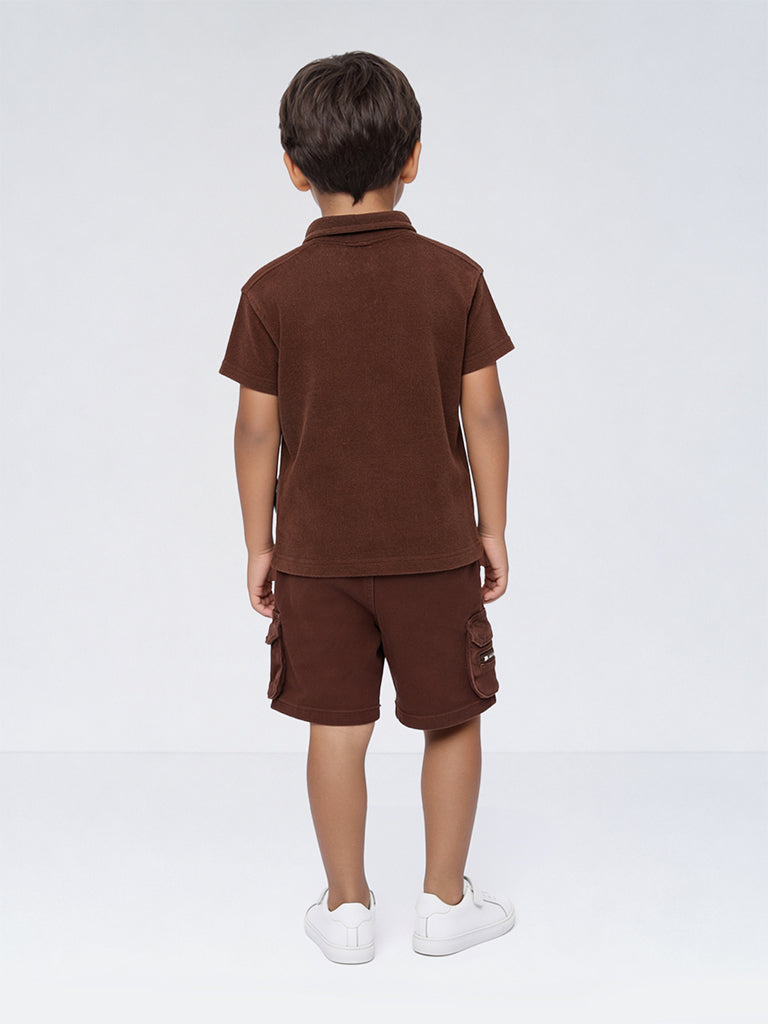 HOP Kids Boys Dark Brown Textured Cotton Polo T-Shirt