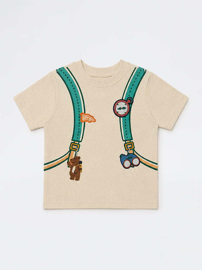 HOP Kids Boys Beige Embroidered Cotton T-Shirt