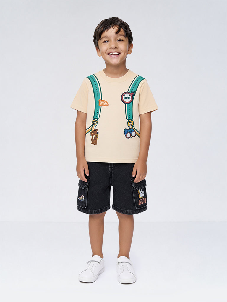 HOP Kids Boys Beige Embroidered Cotton T-Shirt