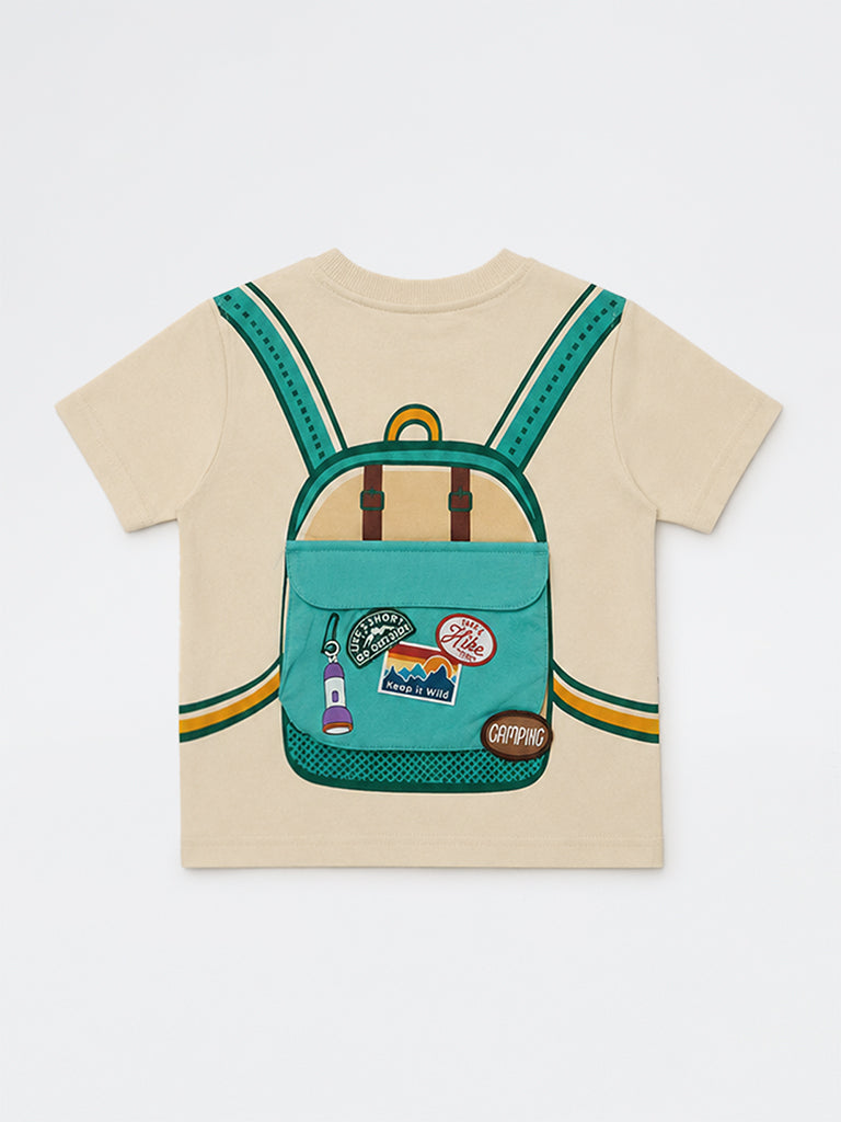 HOP Kids Boys Beige Embroidered Cotton T-Shirt