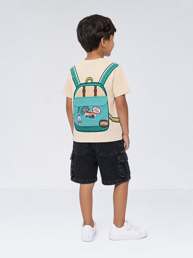 HOP Kids Boys Beige Embroidered Cotton T-Shirt