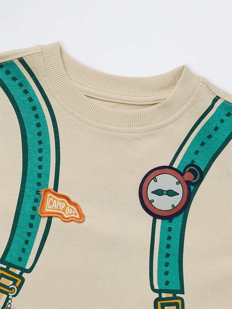 HOP Kids Boys Beige Embroidered Cotton T-Shirt