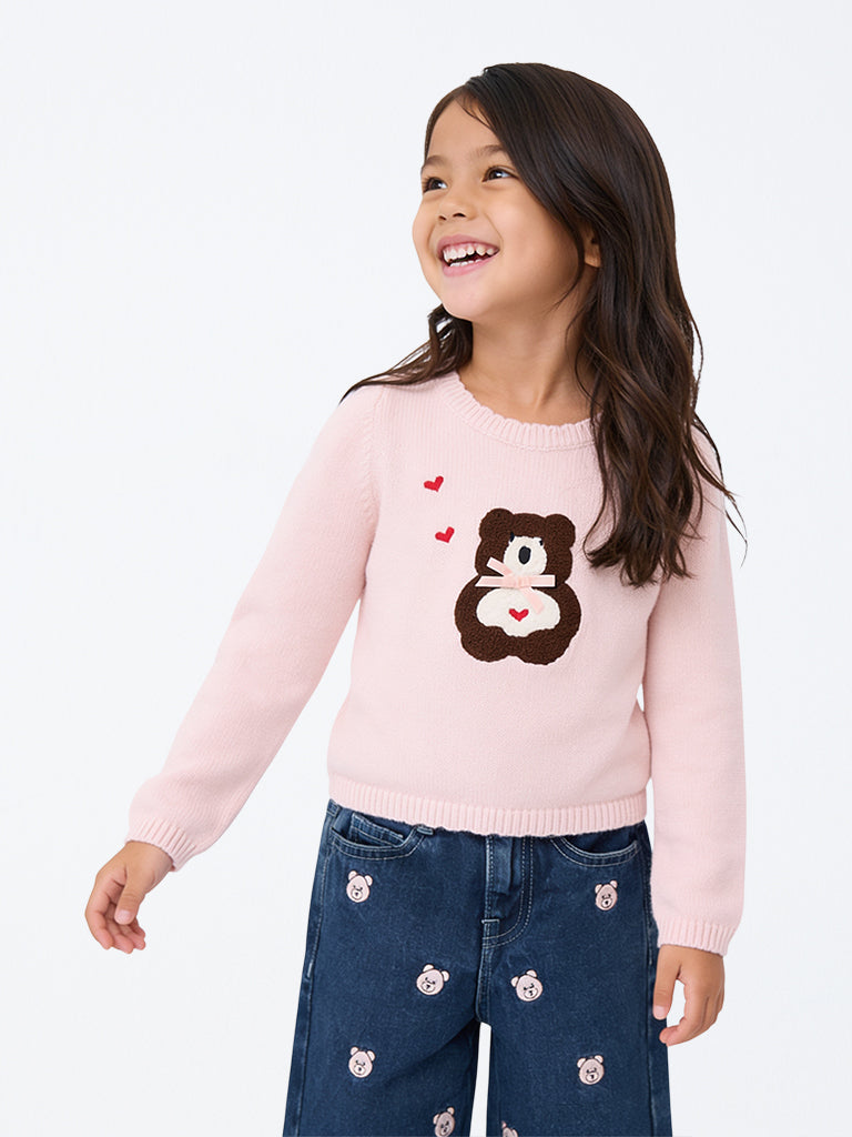 HOP Kids Girls Light Pink Teddy Embroidered Knit-Textured Sweater