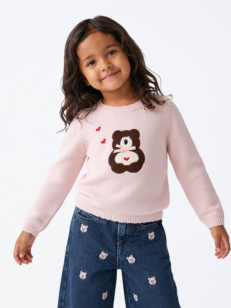 HOP Kids Girls Light Pink Teddy Embroidered Knit-Textured Sweater