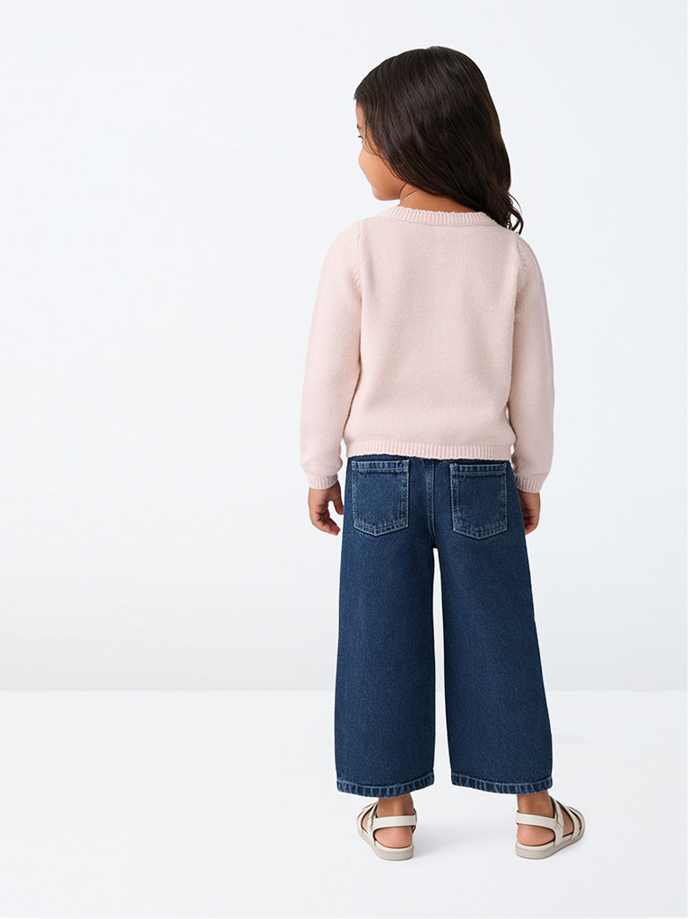 HOP Kids Girls Light Pink Teddy Embroidered Knit-Textured Sweater
