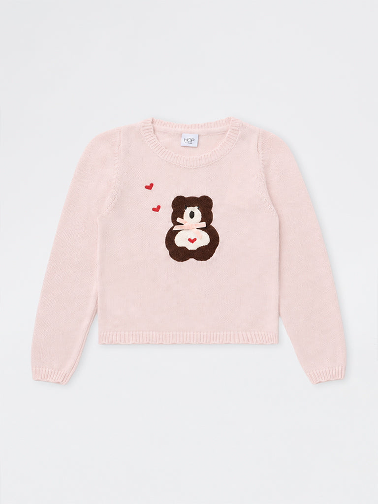 HOP Kids Girls Light Pink Teddy Embroidered Knit-Textured Sweater