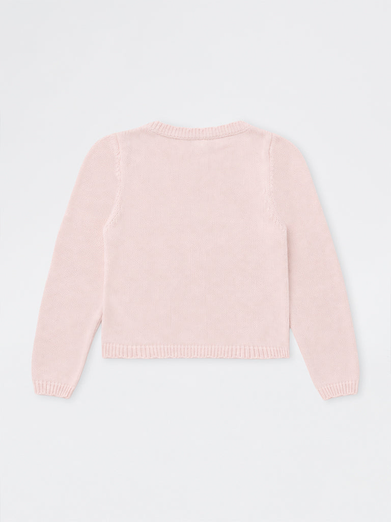 HOP Kids Girls Light Pink Teddy Embroidered Knit-Textured Sweater