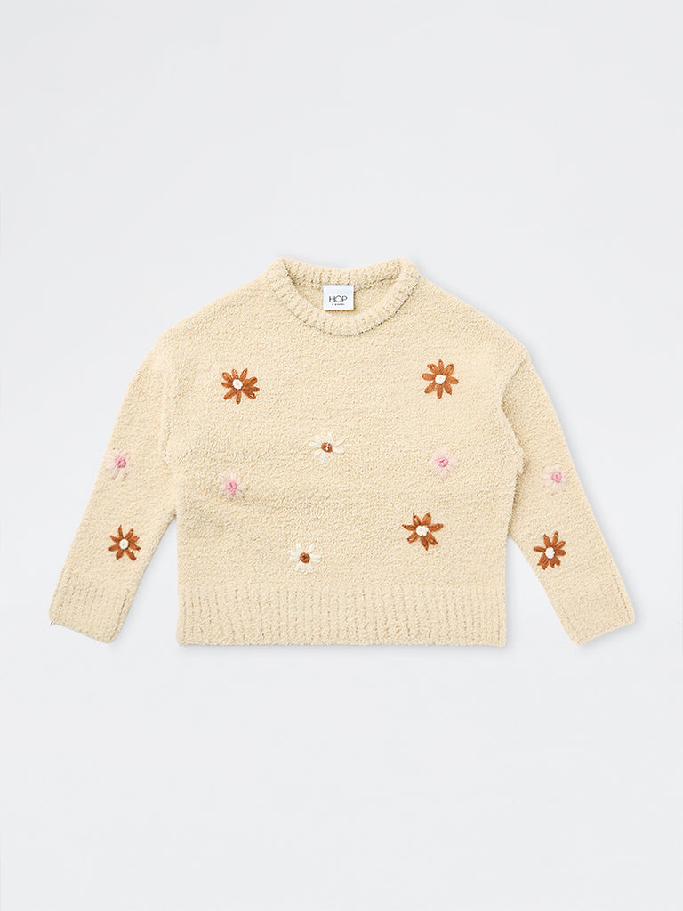 HOP Kids Girls Light Beige Floral Embroidered Fuzzy-Textured Sweater