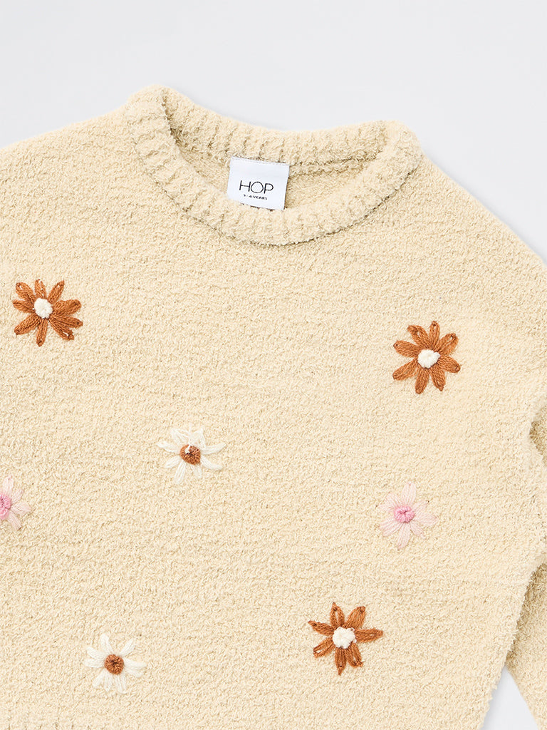 HOP Kids Girls Light Beige Floral Embroidered Fuzzy-Textured Sweater
