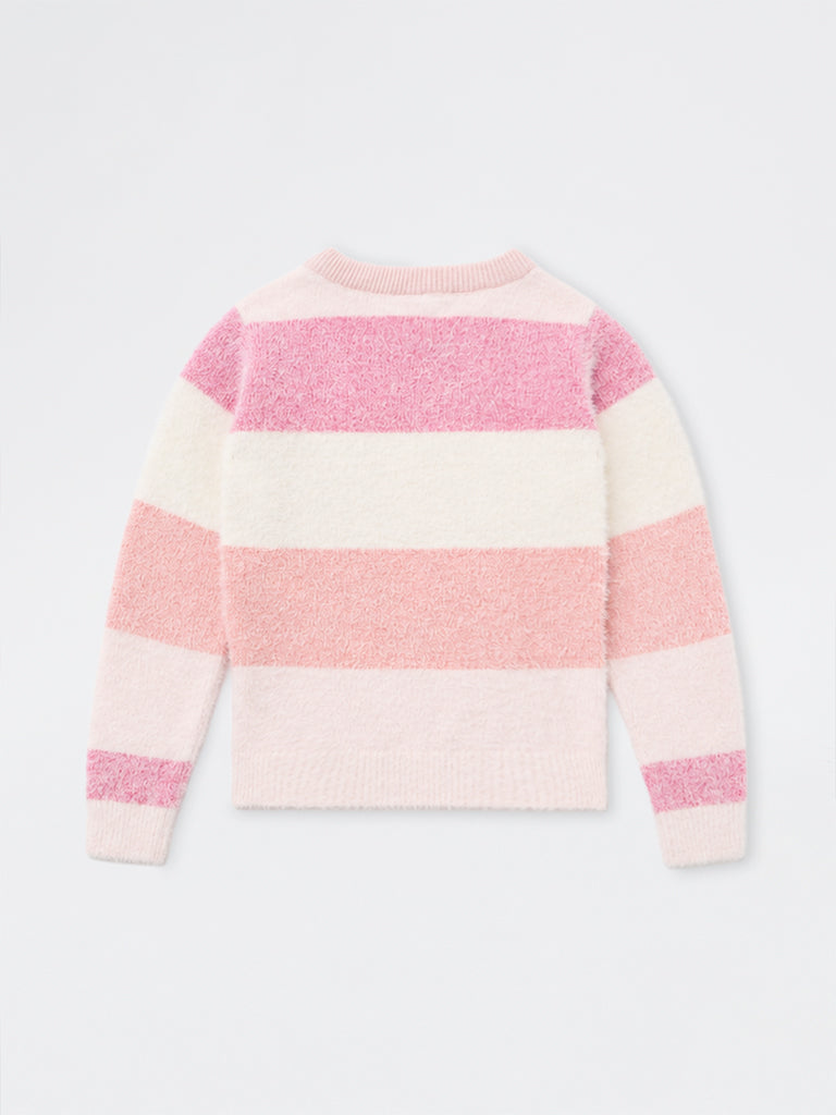 HOP Kids Girls Pink Striped Fuzzy-Textured Sweater