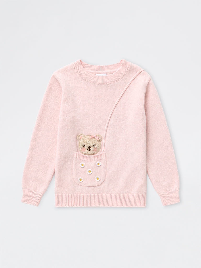 HOP Kids Girls Pink Teddy Design Sling-Bag Style Cotton Sweater