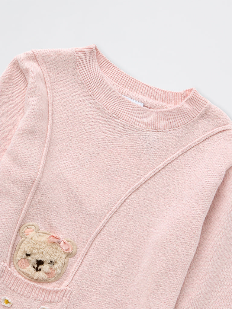 HOP Kids Girls Pink Teddy Design Sling-Bag Style Cotton Sweater