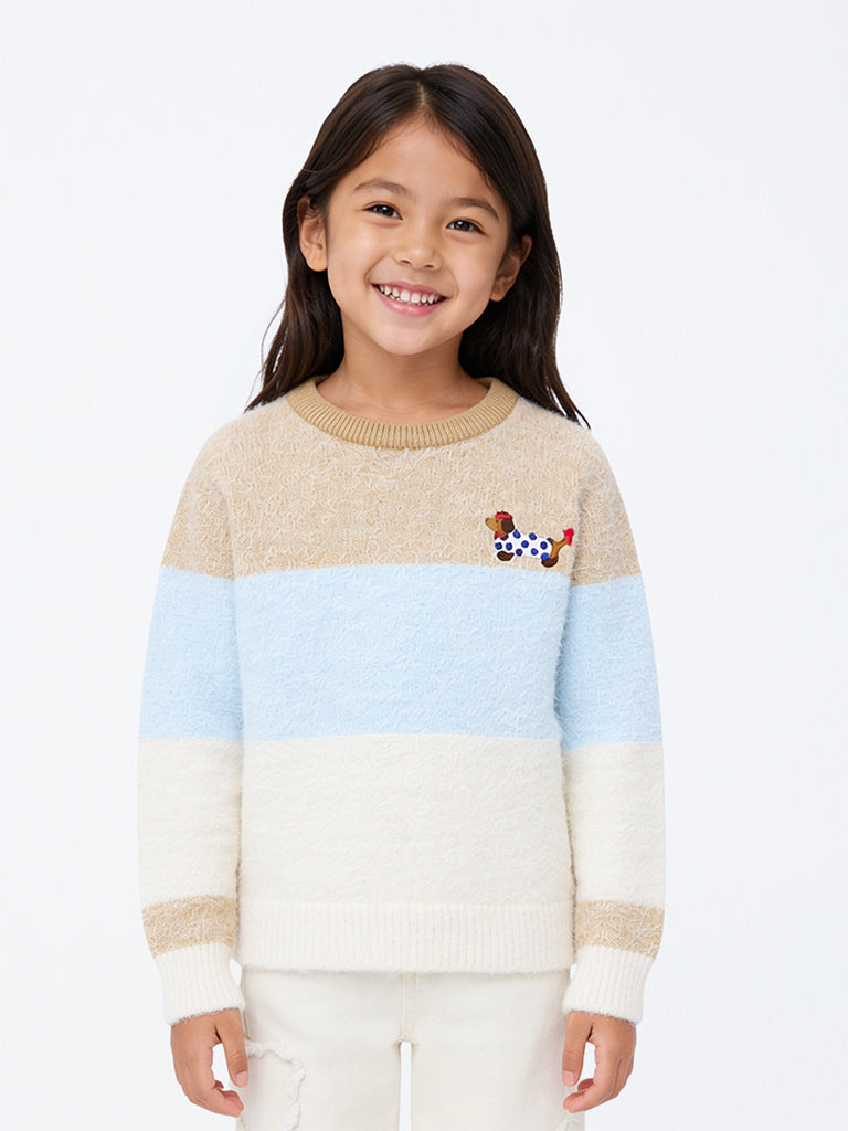 HOP Kids Girls Multicolour Striped Fuzzy-Textured Sweater