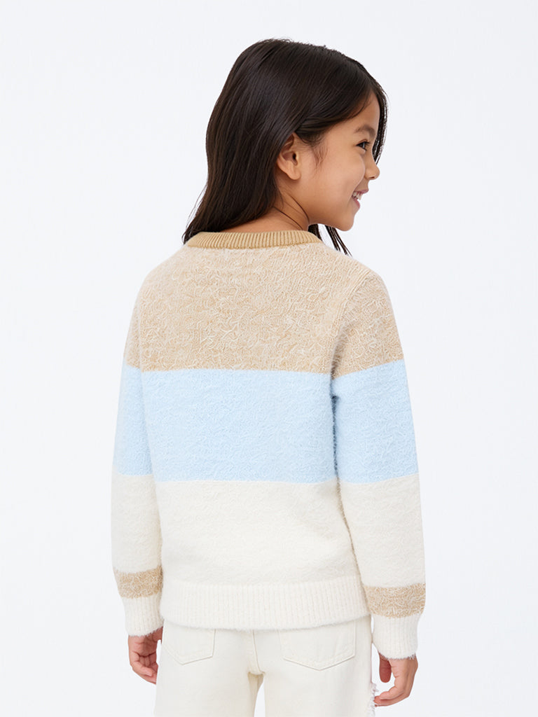 HOP Kids Girls Multicolour Striped Fuzzy-Textured Sweater