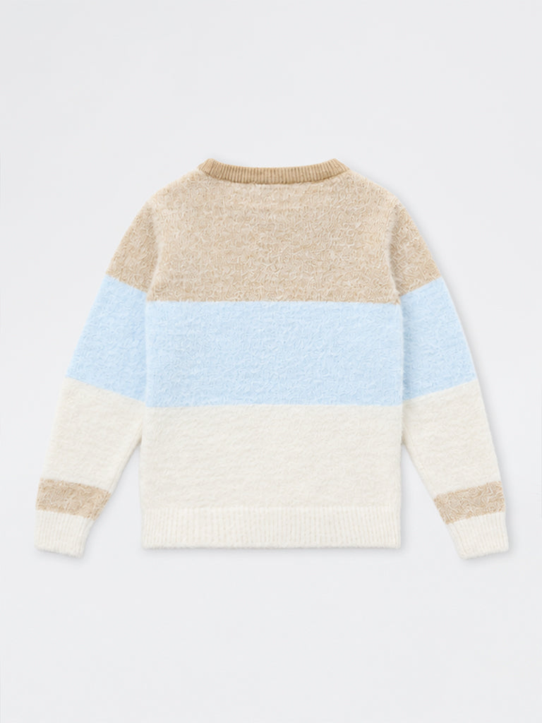 HOP Kids Girls Multicolour Striped Fuzzy-Textured Sweater