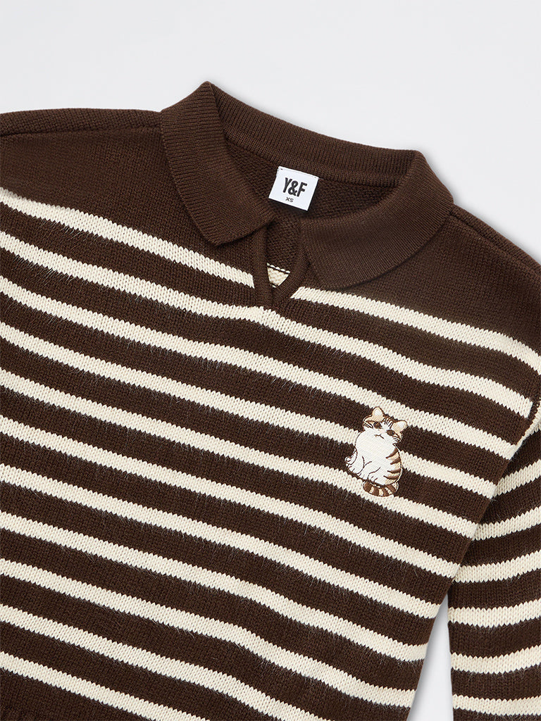 Girls Dark Brown Striped Sweater