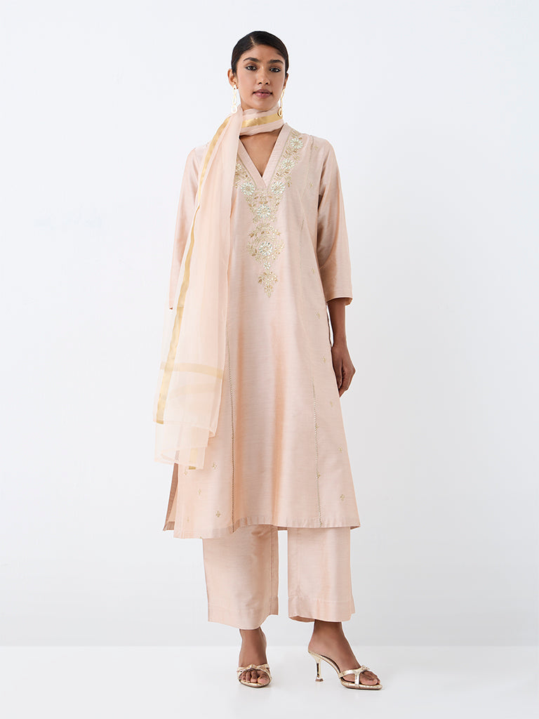 Vark Light Peach Floral Embroidered A-Line Ethnic Set