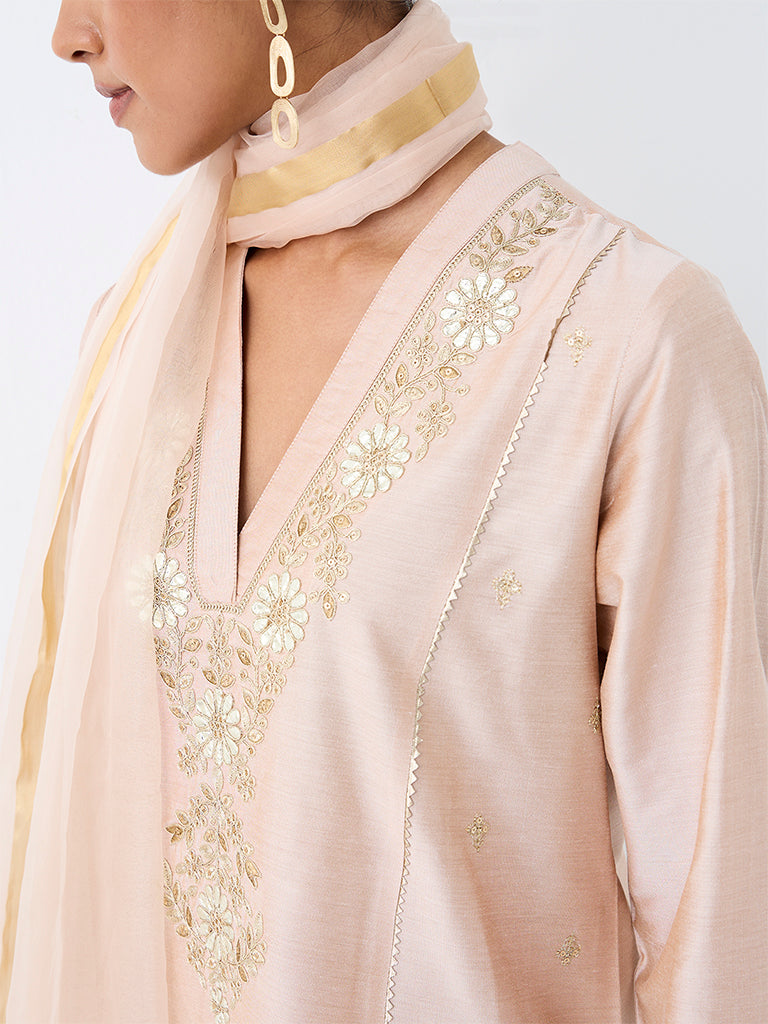 Vark Light Peach Floral Embroidered A-Line Ethnic Set