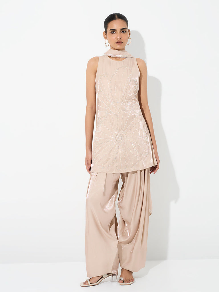 Vark Beige Floral Embellished A-Line Ethnic Set