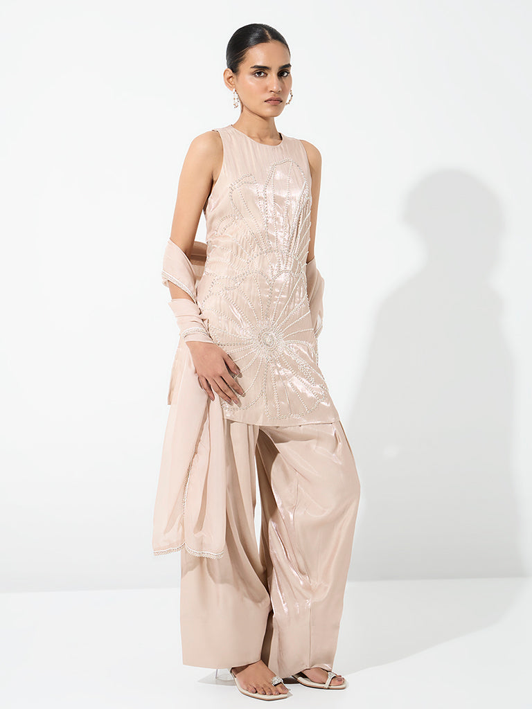 Vark Beige Floral Embellished A-Line Ethnic Set