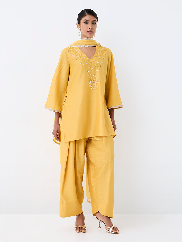 Vark Yellow Embellished Short Kurta and Salwar Ethnic Set