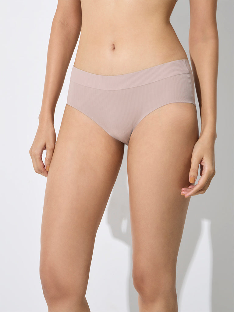 Wunderlove Light Brown Ribbed-Textured High-Rise Briefs