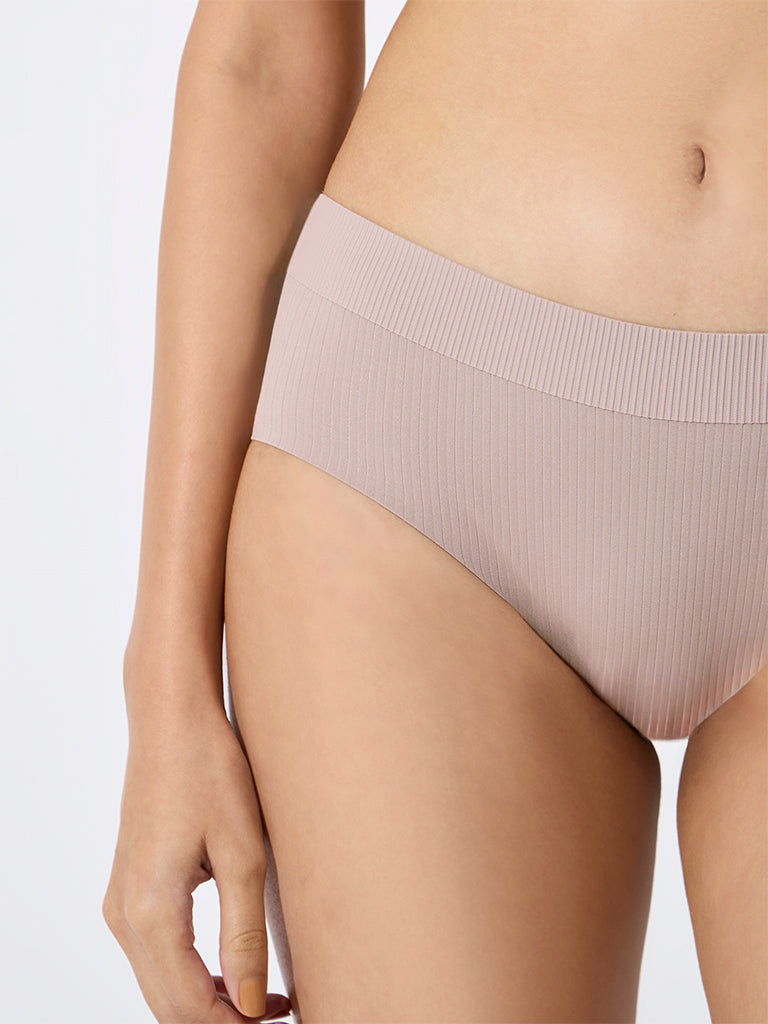 Wunderlove Light Brown Ribbed-Textured High-Rise Briefs