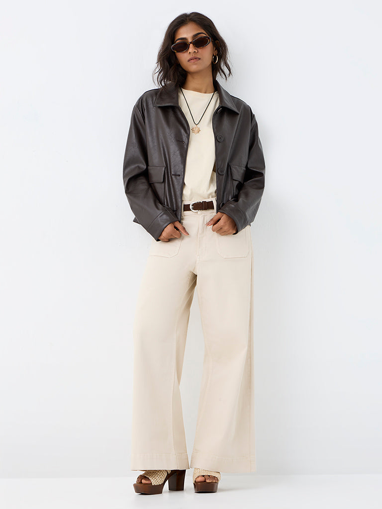 LOV Dark Brown Crinkle-Textured Faux Leather Jacket