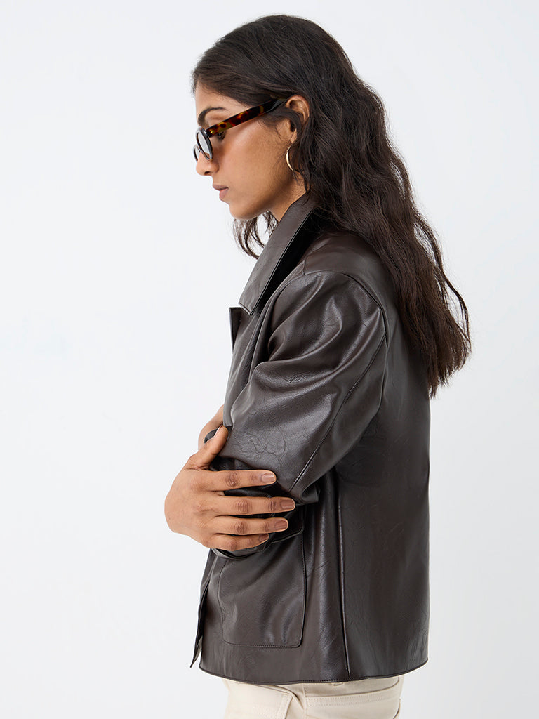 LOV Dark Brown Crinkle-Textured Faux Leather Jacket