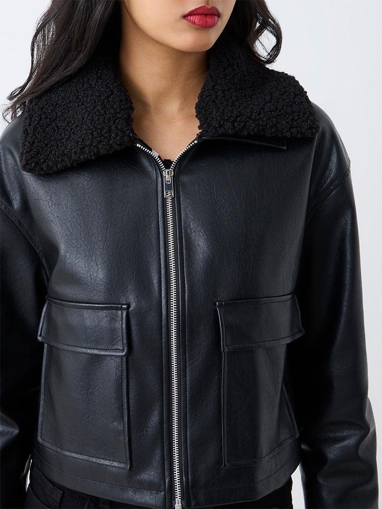 LOV Black Borg-Collar Faux Leather Cotton Jacket
